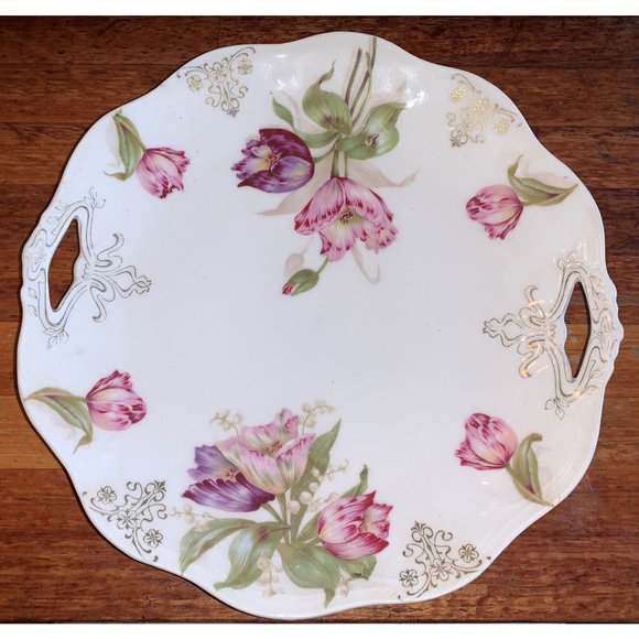 Vtg Mignon Z.S. & C. Bavaria Pink Tulips platter  plate Scalloped Edge 9.5” - Picture 1 of 4